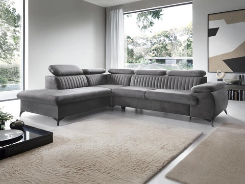 Rohová sedací souprava s rozkladem levá Lund L šedá moderní do obýváku s úložným prostorem