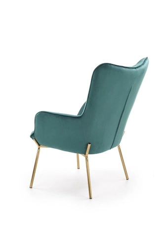 Moderní zelené křeslo ušák Cabres do obýváku s područkami na zlatých nohách