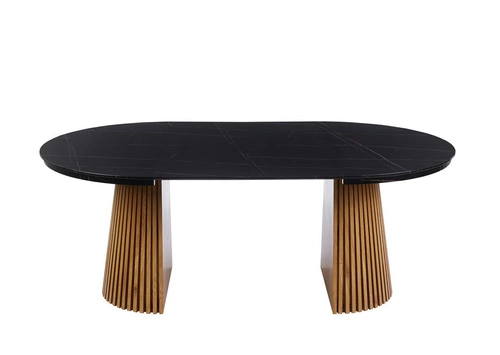Rozkládací kulatý jídelní stůl Kyoto 120–200 cm černý mramor/dub moderní
