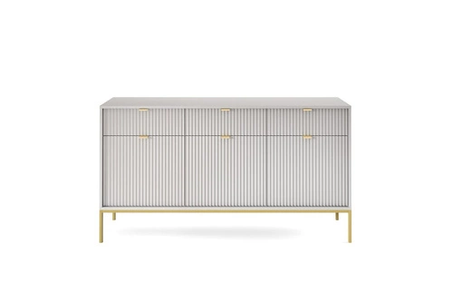 Šedá rýhovaná komoda Delicious se zásuvkami 154 cm na zlatých nohách do moderního obýváku