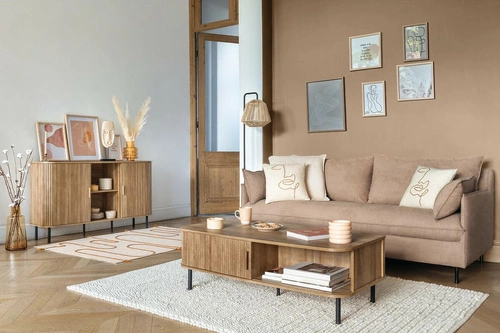 Konferenční stolek Colva obdélníkový s policí a skříňkou v boho stylu do obýváku Atmosphera 120x60 cm