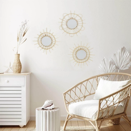 Sada 3 kulatých ratanových zrcadel Lipsi boho na zavěšení do obýváku a předsíně