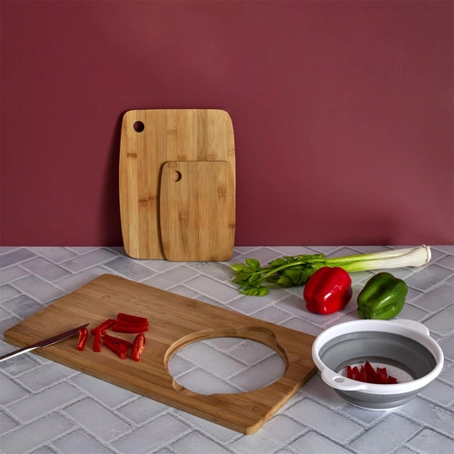 Intesi bambusové prkénko na krájení se sítkem na zeleninu a ovoce moderní 49,5x28 cm