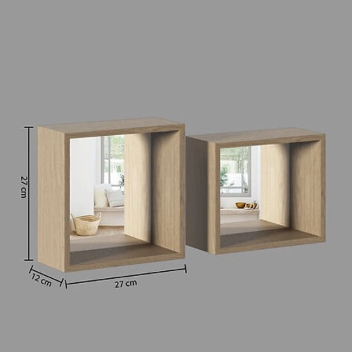 Sada 2 nástěnných polic Fixy dub s zrcadlem moderní dekorativní police do obýváku