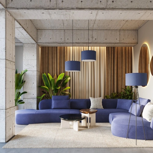 Moderní stojací lampa do obýváku NEVIA tmavě modrá s textilním stínidlem na kovové základně