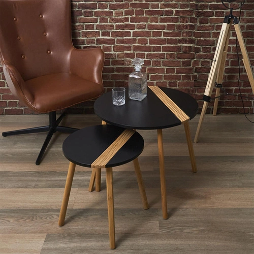 Sada 2 kulatých konferenčních stolků Paraiba černý bambus skandinávský do obýváku 2v1