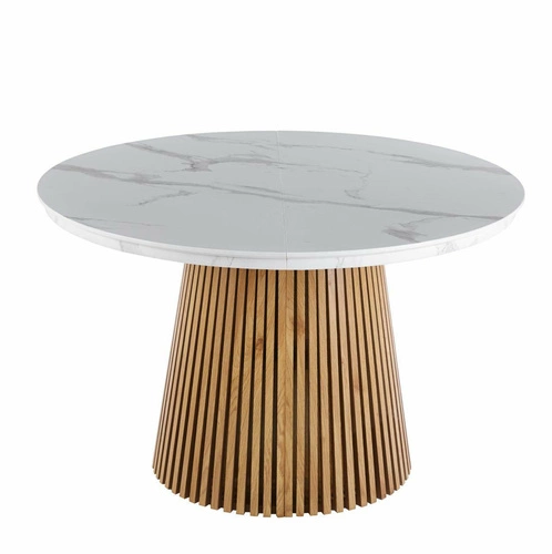 Rozkládací jídelní stůl Kyoto kulatý 120/200 cm bílý mramor dub moderní do jídelny a obýváku