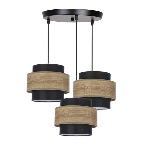 Dvojitá závěsná lampa s černým talířem 3x40W E27 stínidlo černá+dřevo
