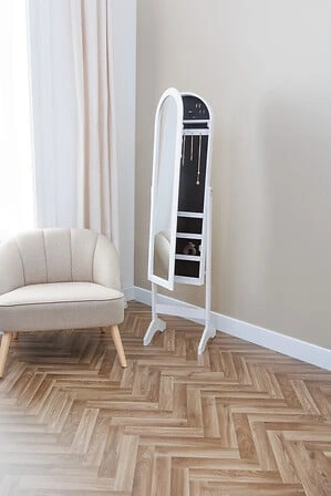 Stojací zrcadlo Emily bílé s organizérem na šperky do ložnice 145 cm Atmosphera