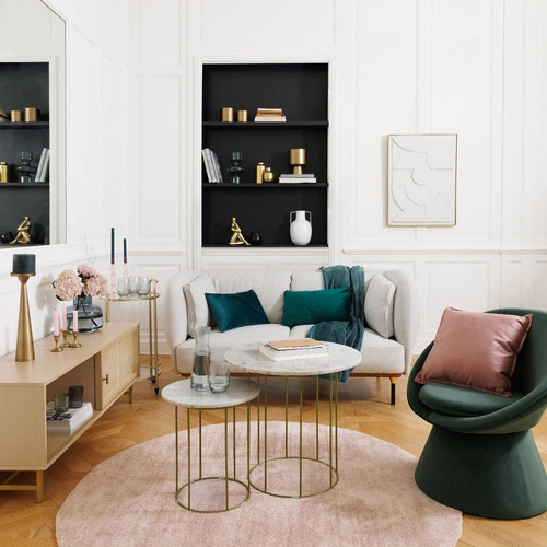 Sada 2 kulatých konferenčních stolků Garance bílý mramor a zlatý glamour do obýváku Atmosphera