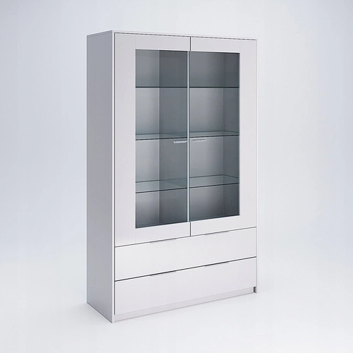 Bílá prosklená vitrína do obýváku Merle, moderní, se zásuvkami, 120 cm Intesi