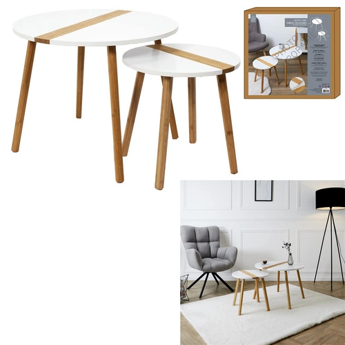 Sada 2 kulatých konferenčních stolků Paraiba bílý dřevěný skandinávský do obýváku 2v1