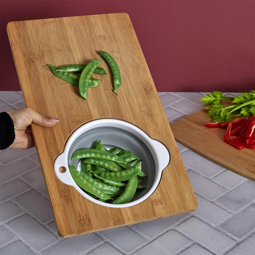 Intesi bambusové prkénko na krájení se sítkem na zeleninu a ovoce moderní 49,5x28 cm